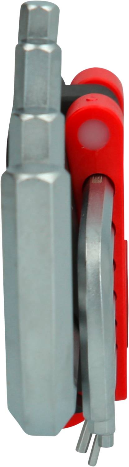 Rotes Multifunktionswerkzeug mit mehreren eingeklappten Metallwerkzeugen, seitliche Ansicht.