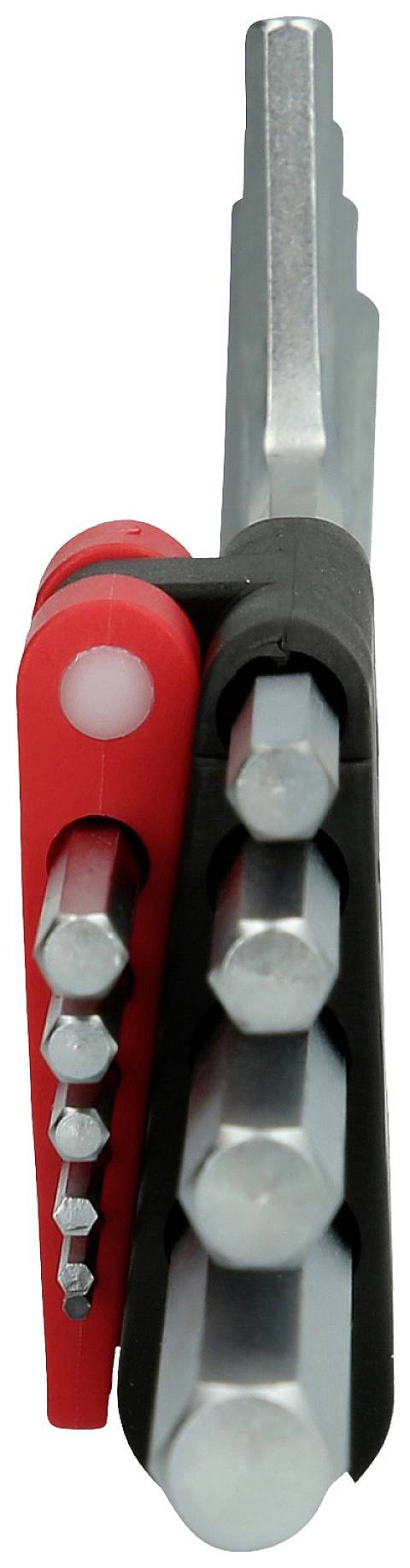 Vielseitiges Werkzeugset mit mehreren Inbusschlüsseln in einem kompakten, klappbaren Design, rot-schwarz-gestreift.