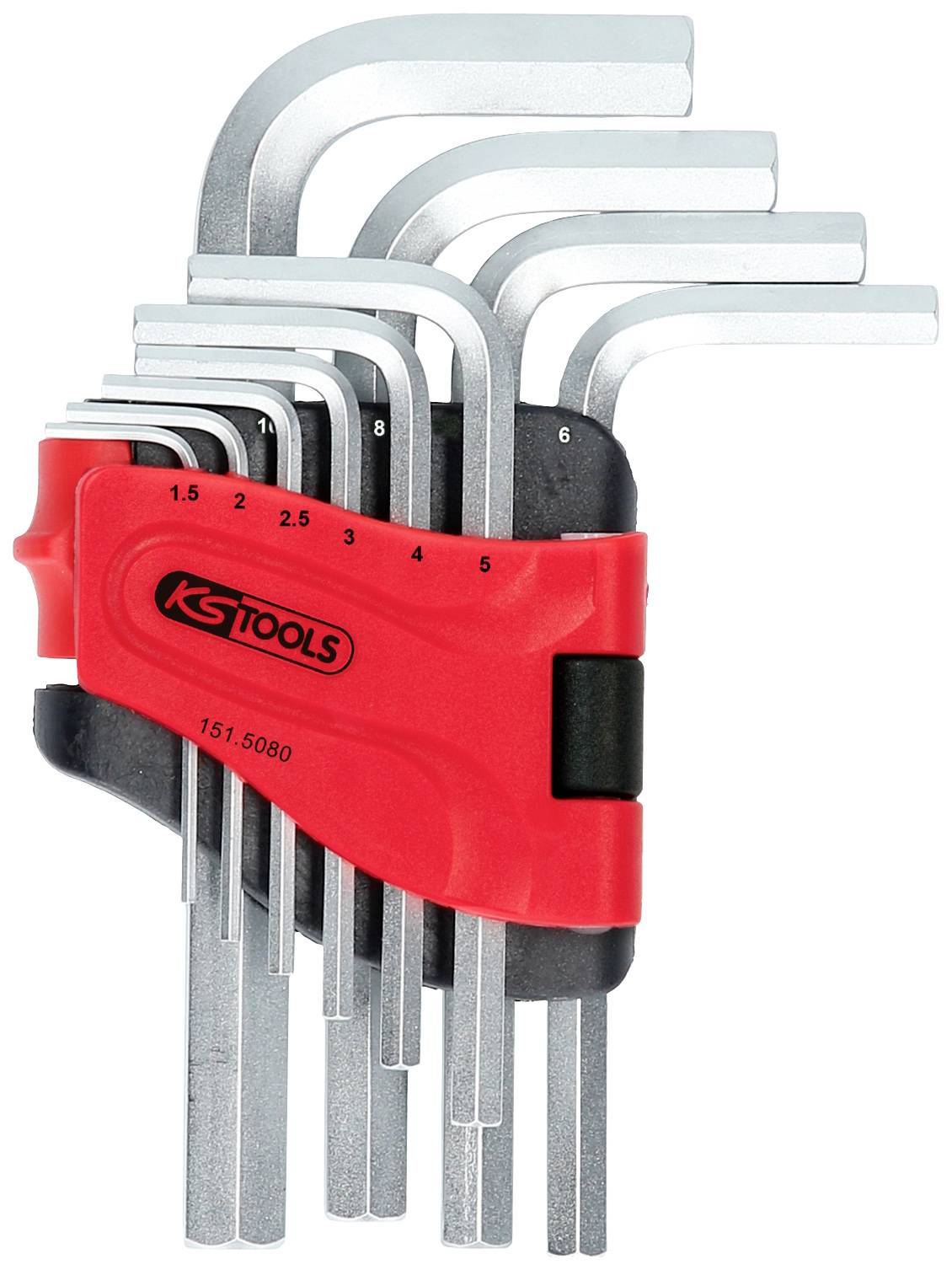 Ein Satz Inbusschlüssel in verschiedenen Größen, organisiert in einem roten Halter.