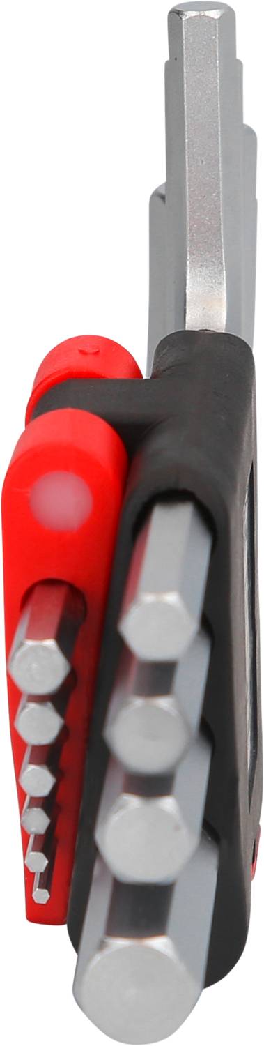 Multitool mit mehreren Inbusschlüsseln und einem schwarzen Griff. Enthält verschiedene Schraubenschlüsselgrößen, die ausklappbar sind.