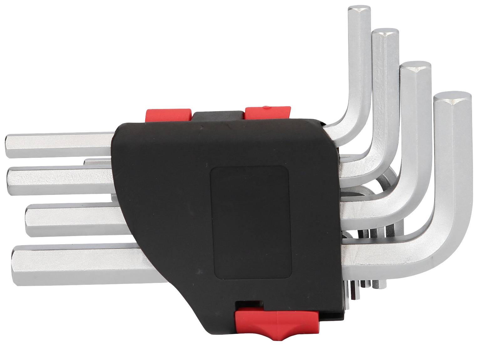 Ein Satz von sechs silbernen Inbusschlüsseln in verschiedenen Größen, ordentlich in einem schwarzen und roten Halter angeordnet.