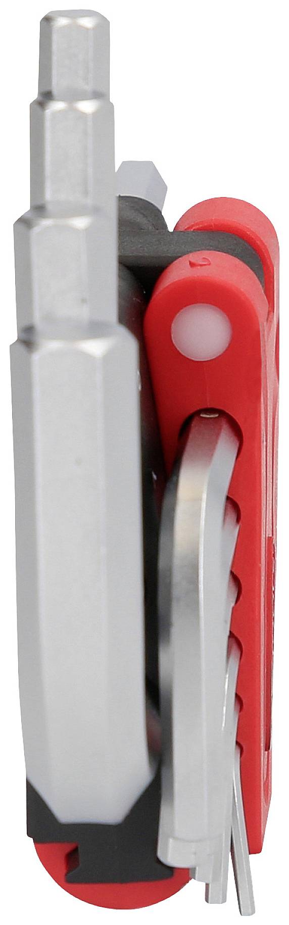 Ein rotes Multifunktionswerkzeug mit verschiedenen Metallwerkzeugen wie Schraubendrehern und Sechskantschlüsseln.