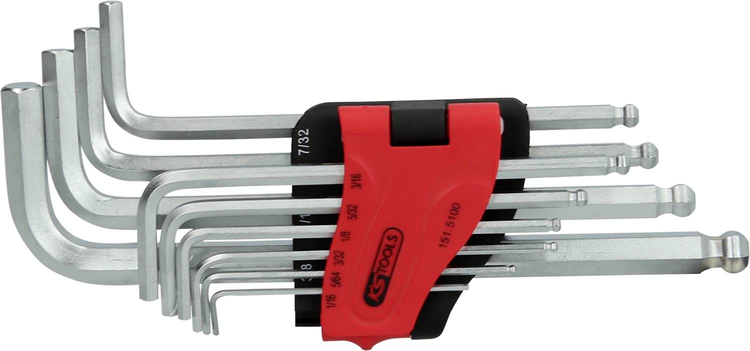 Ein Set von neun Innensechskantschlüsseln in verschiedenen Größen, die in einem roten und schwarzen Halter angeordnet sind.