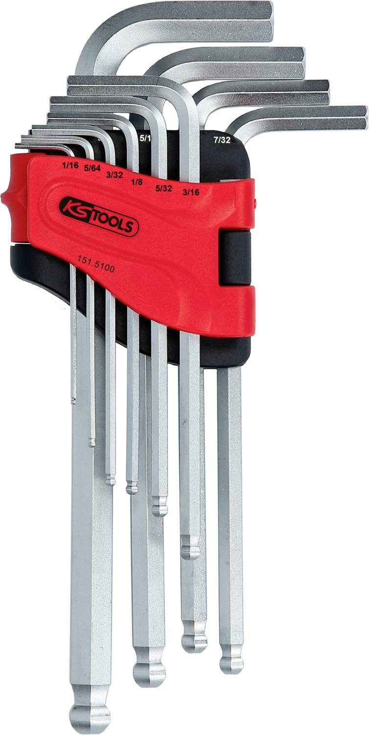 Ein Satz Sechskantschlüssel in einem roten Halter, unterschiedlich große Werkzeuge aus Metall, teilweise sichtbar nummeriert.