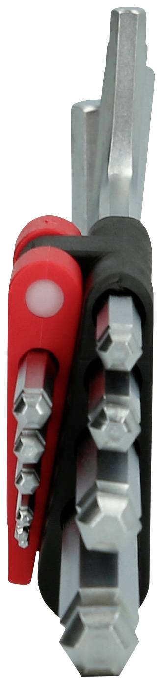 Ein Set von sechseckigen Metallwerkzeugen in einer roten und schwarzen Halterung, wahrscheinlich Inbusschlüssel in verschiedenen Größen.