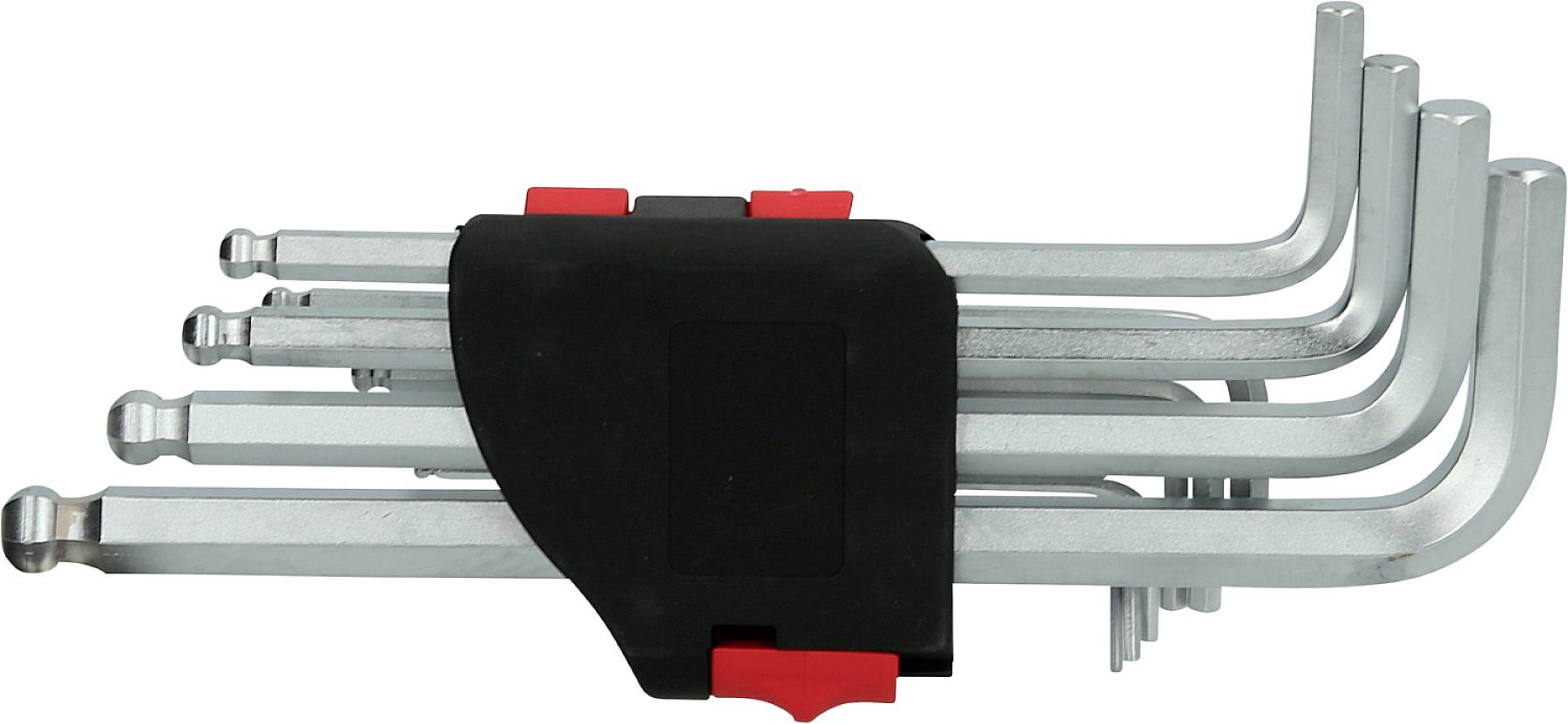 Ein Satz sechskantiger Inbusschlüssel in verschiedenen Größen, zusammengehalten durch eine schwarze und rote Haltevorrichtung.