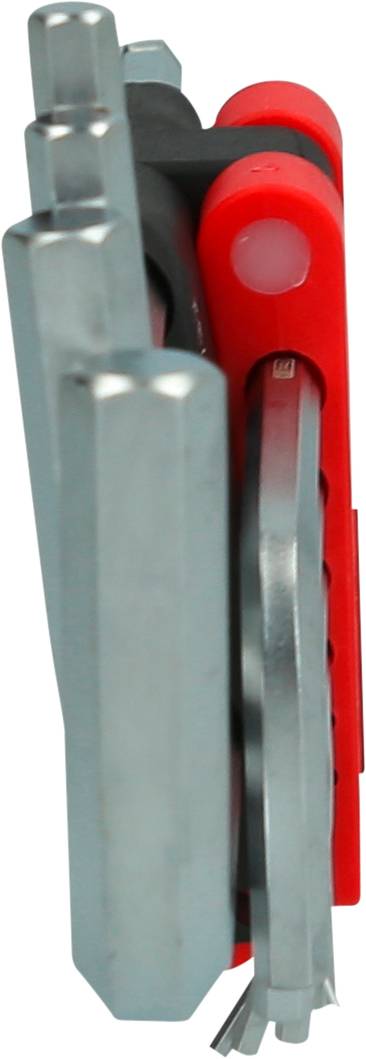 Zusammengeklapptes Multitool mit mehreren Inbusschlüsseln in verschiedenen Größen. Roter und schwarzer Griff. Links gerichtetes Profil.