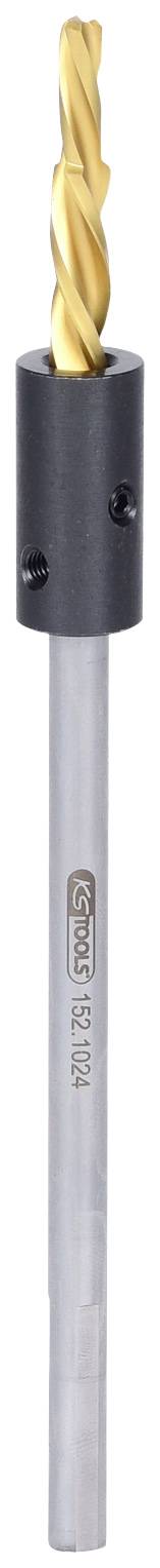 Ein Bohrer mit gelbem, spiralförmigem Schneidkopf und silberfarbenem Schaft. Oberer Teil hat eine schwarze Hülse.