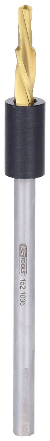 Ein Metallbohrer mit goldenem Schneidwerkzeug und silbernem Schaft. An der Basis befindet sich ein schwarzes Halterungselement.