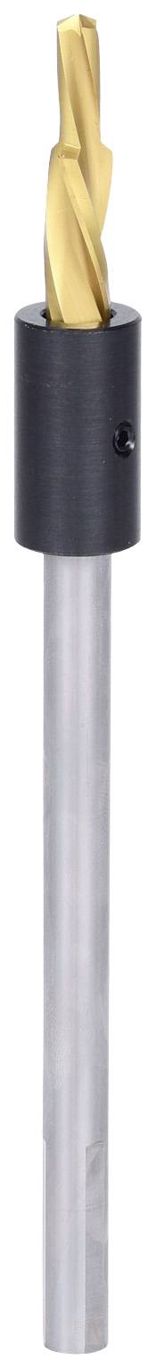 Ein goldener Spiralbohrer mit schwarzem Spannschaft, vertikal ausgerichtet, auf weißem Hintergrund.