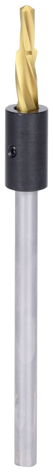 Bohrer mit silbernem Schaft und goldener Spitze, befestigt in einem schwarzen Halter. Werkzeug zur Bearbeitung von Materialien.
