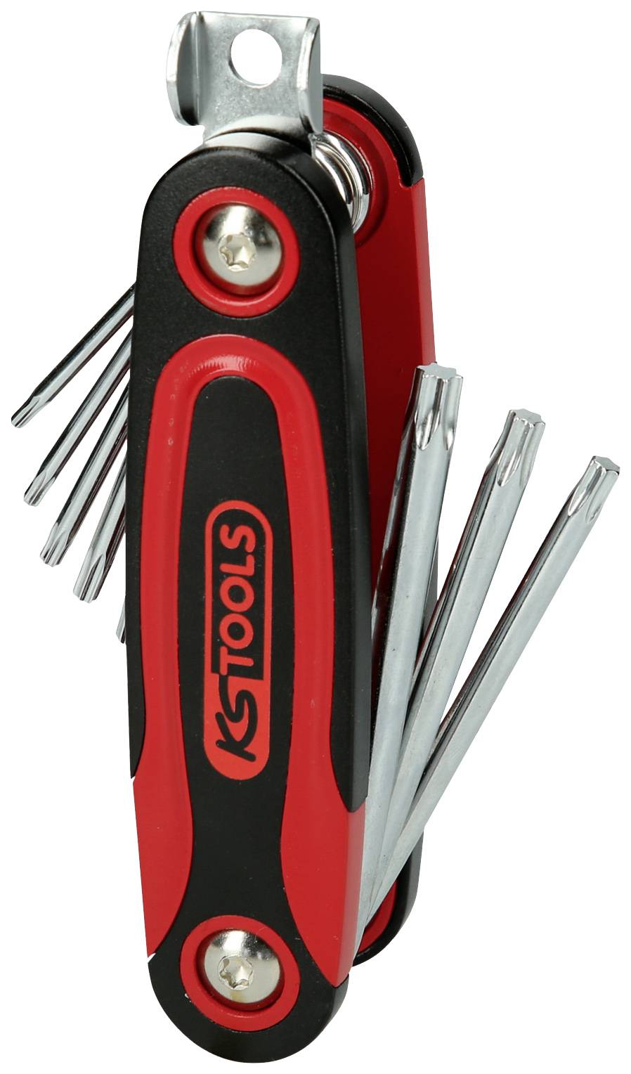 Kompaktes rotes und schwarzes Multifunktionswerkzeug mit verschiedenen ausklappbaren Schraubendrehereinsätzen. Ideal für Reparaturen.