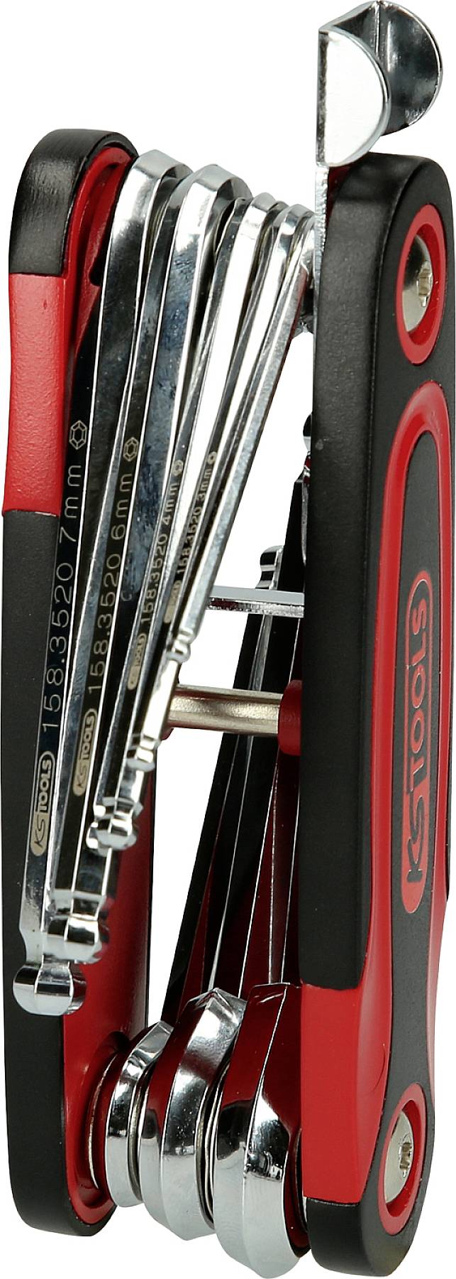 Ein rotes und schwarzes Multitool mit mehreren ausklappbaren Sechskantschlüsseln.