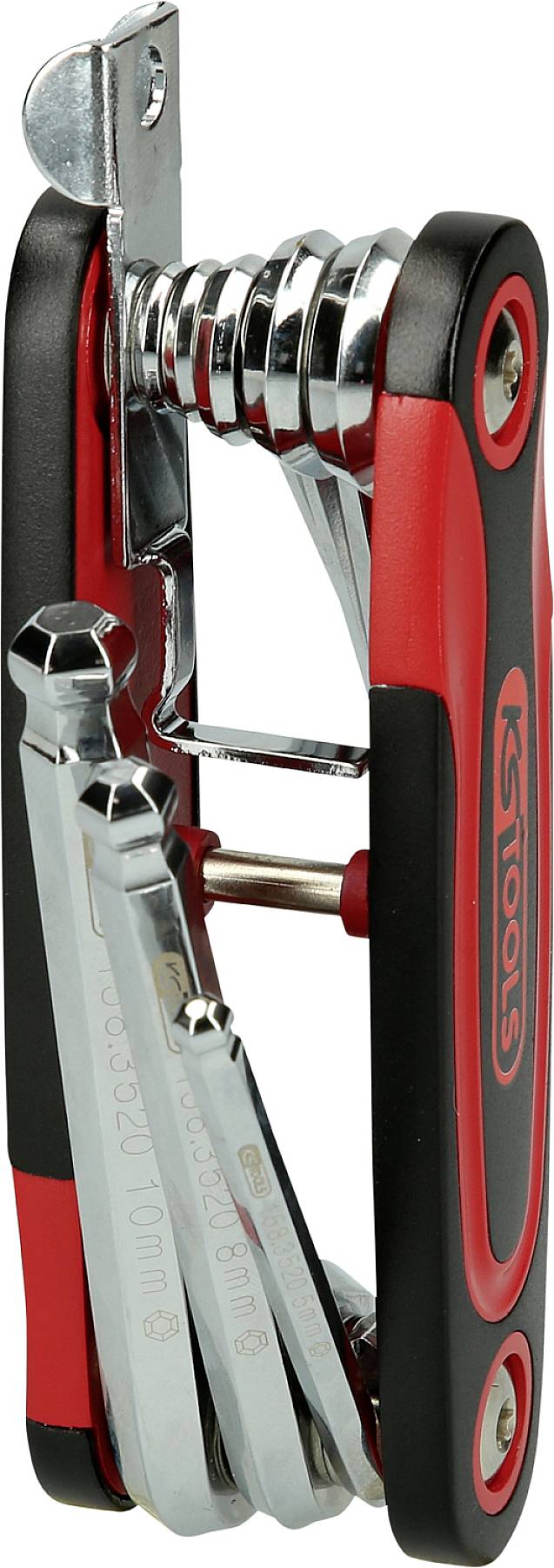Ein klappbares Multitool mit mehreren Sechskantschlüsseln in einem roten und schwarzen Gehäuse, geeignet für Reparaturen.