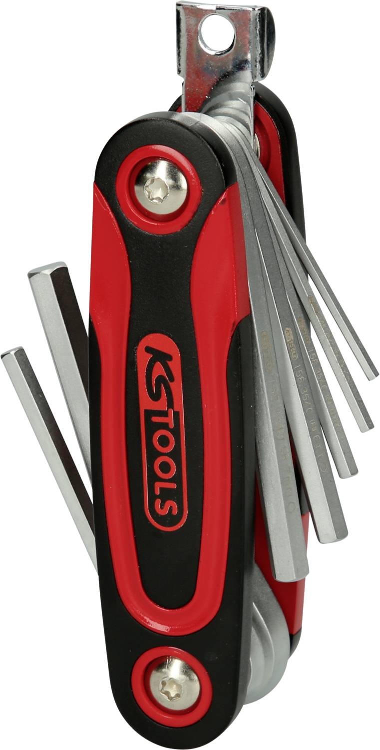 Ein rotes, klappbares Multitool mit mehreren silbernen Inbusschlüsseln in verschiedenen Größen.