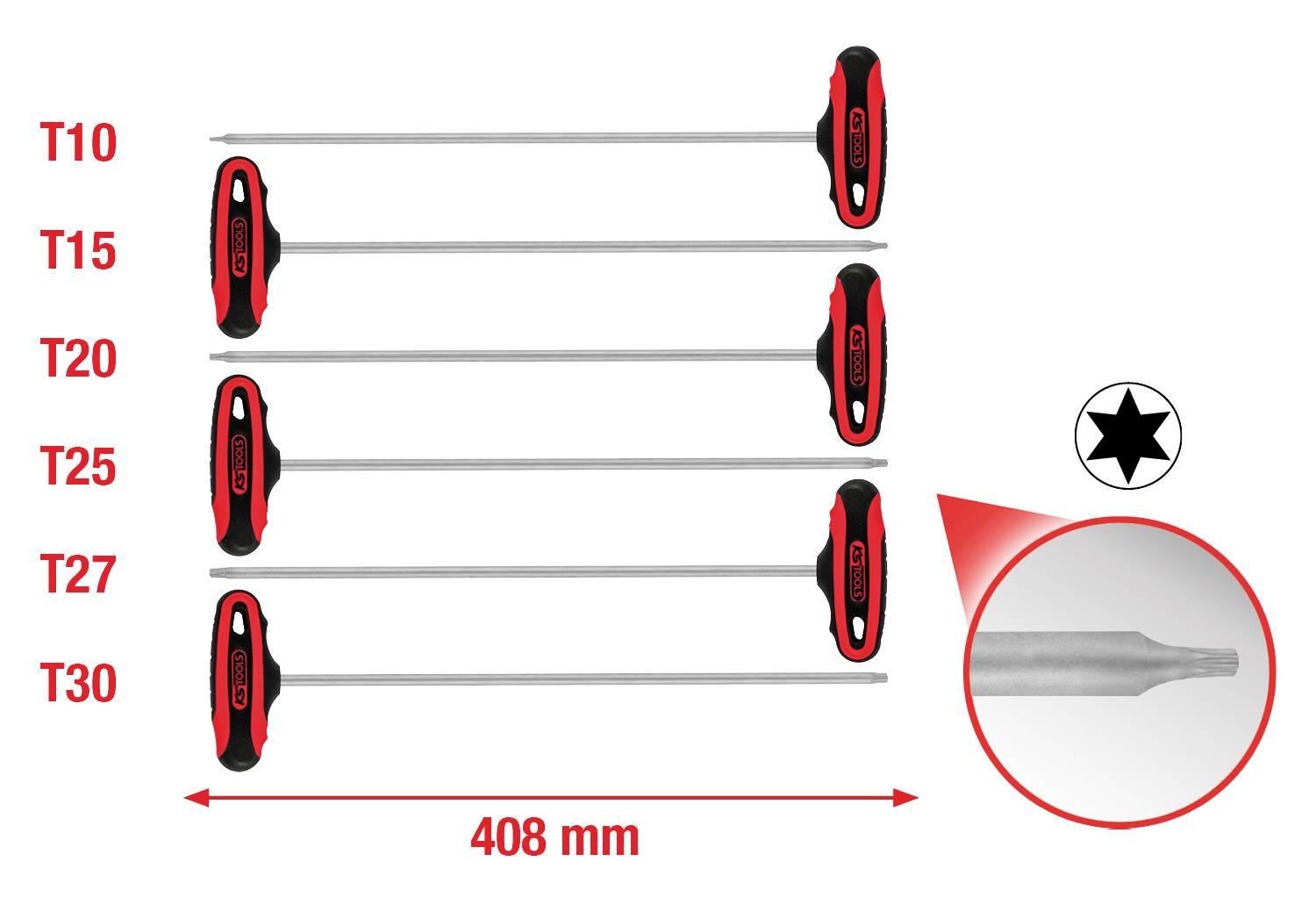 T-förmiger Schraubendrehersatz. Sechs Größen: T10, T15, T20, T25, T27, T30. Länge 408 mm. Detailansicht zeigt Schraubenkopfprofil.