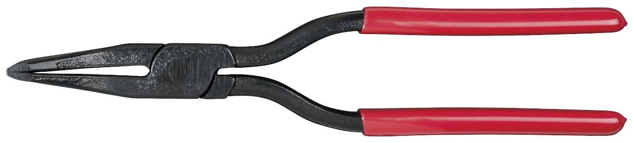Eine schwarze Zange mit gebogenen Griffen, die rot ummantelt sind. Sie dient wahrscheinlich zum Greifen oder Schneiden von Materialien.