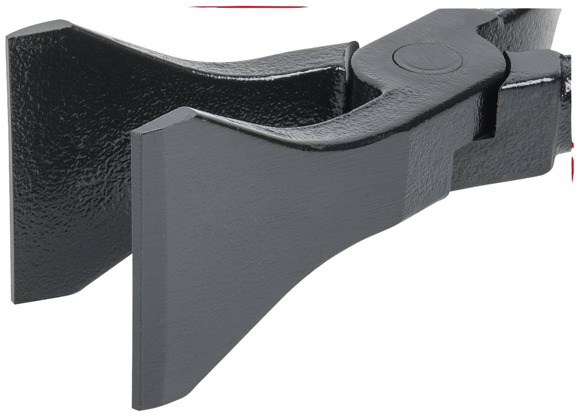 Schwarze Metallkeile mit einem zentralen Gelenk, das sie zu einer Zangen- oder Klammerform verbindet, auf weißem Hintergrund.