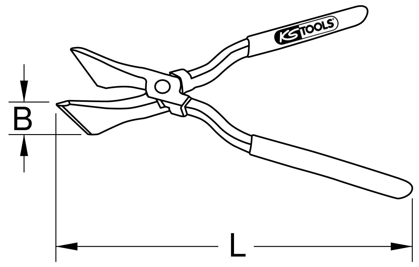 Zeichnung einer Blechschere mit gekrümmten Griffen. Maße B und L sind ebenfalls eingezeichnet.