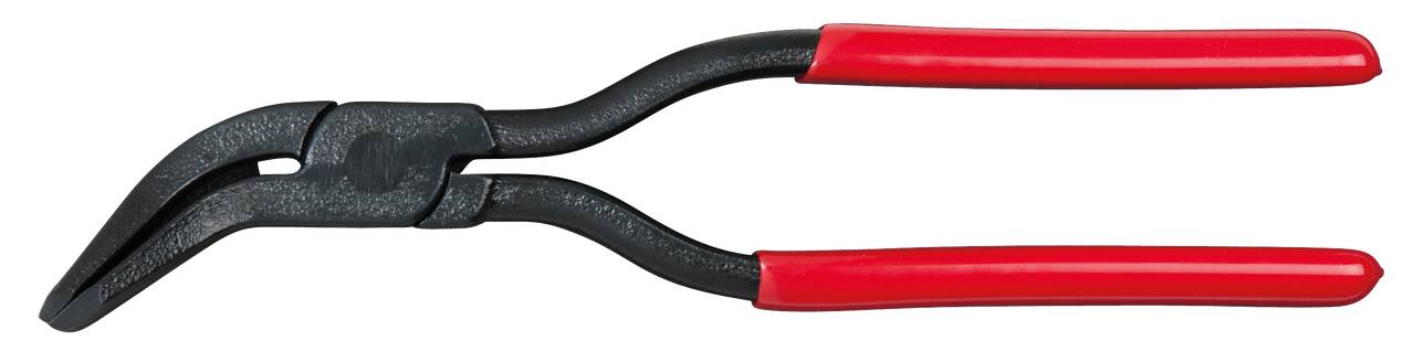 Schwarze Wasserpumpenzange mit roten Griffen.