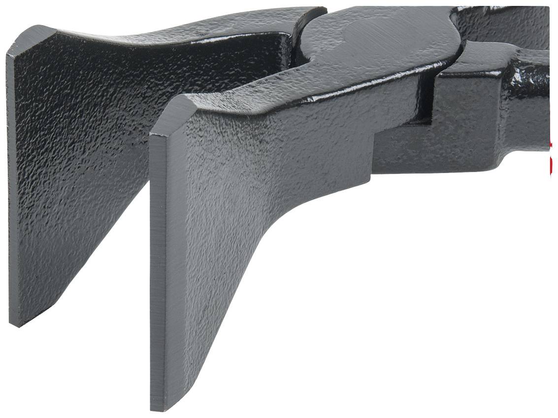 Eine Nahaufnahme eines grauen Metallhakens mit zwei flachen Zinken, die in entgegengesetzte Richtungen zeigen.