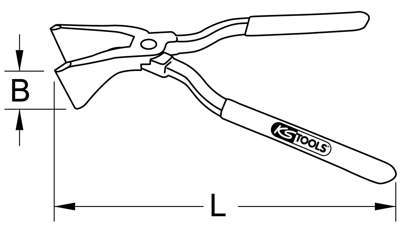 Eine Zange mit einer markierten Länge 'L' und Breite 'B', gekennzeichnet mit 'KS Tools'.