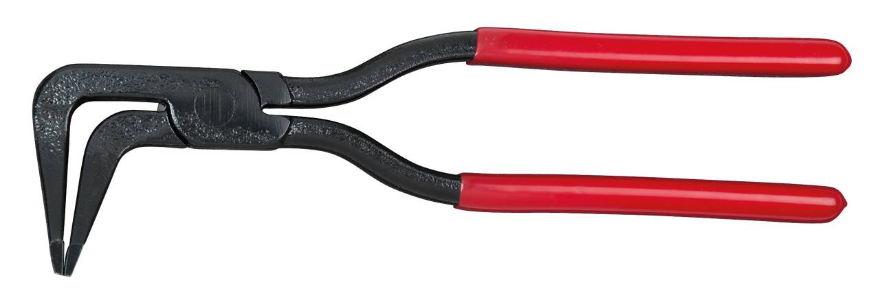 Schwarze Zange mit roten Griffen, die weit geöffnet ist. Sie wird möglicherweise zum Greifen oder Festhalten von Gegenständen verwendet.