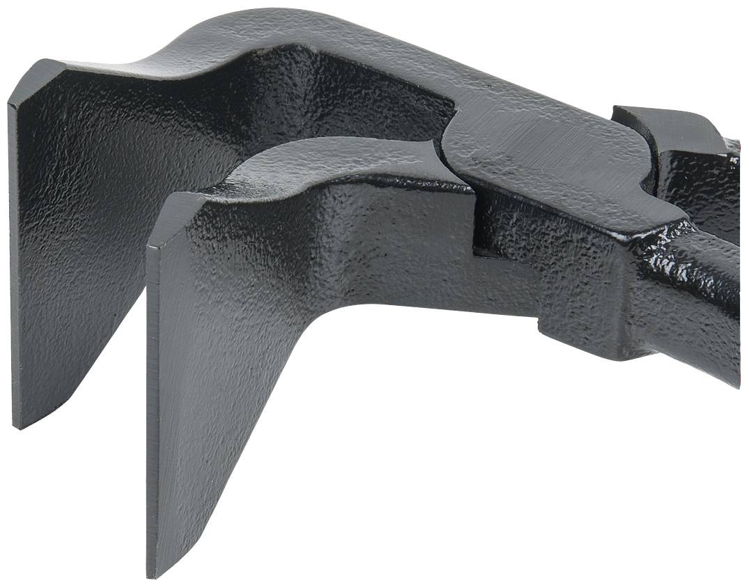 Eine schwarze, metallische Greifvorrichtung mit zwei sich überlappenden Zangen, die zum Halten oder Klemmen verwendet wird.