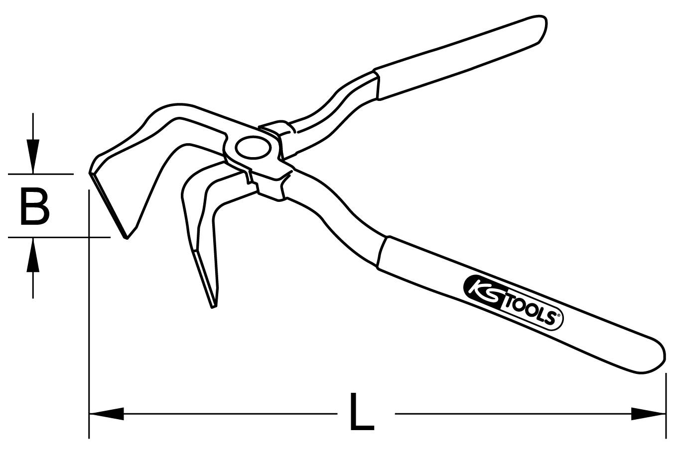Darstellung einer Greifzange von KS Tools mit den Maßen L und B. Geeignet zur Handhabung von Werkstücken in der Werkstatt.