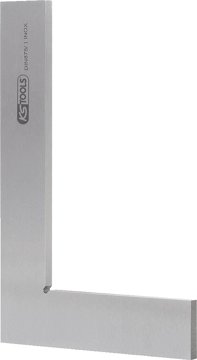 Ein silbernes, L-förmiges Winkelmaß aus Metall mit der Aufschrift 'DIN 875/1 INOX'. Es dient zur genauen Messung rechter Winkel.