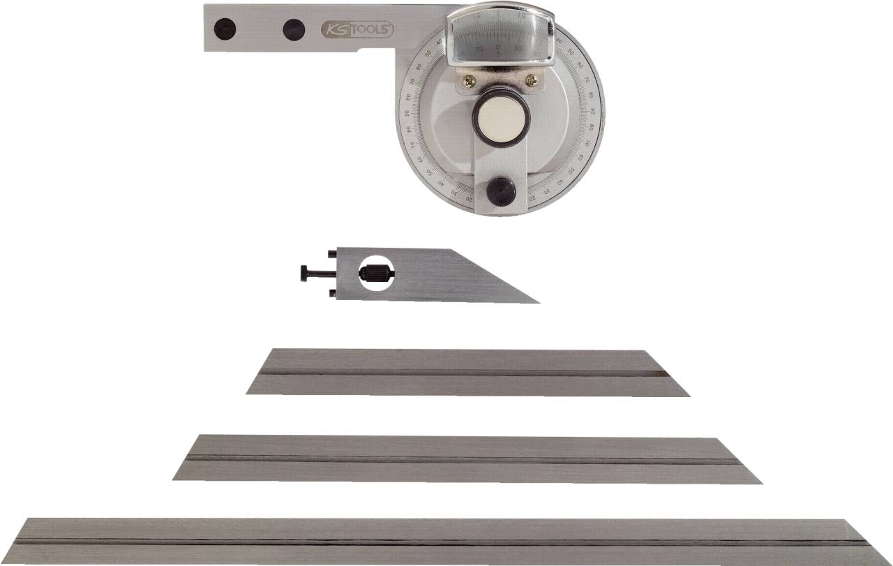 Winkel- und Messwerkzeug-Set mit Winkelmesser, Schneidklinge und Linealen aus Metall, geeignet für präzise Messaufgaben.