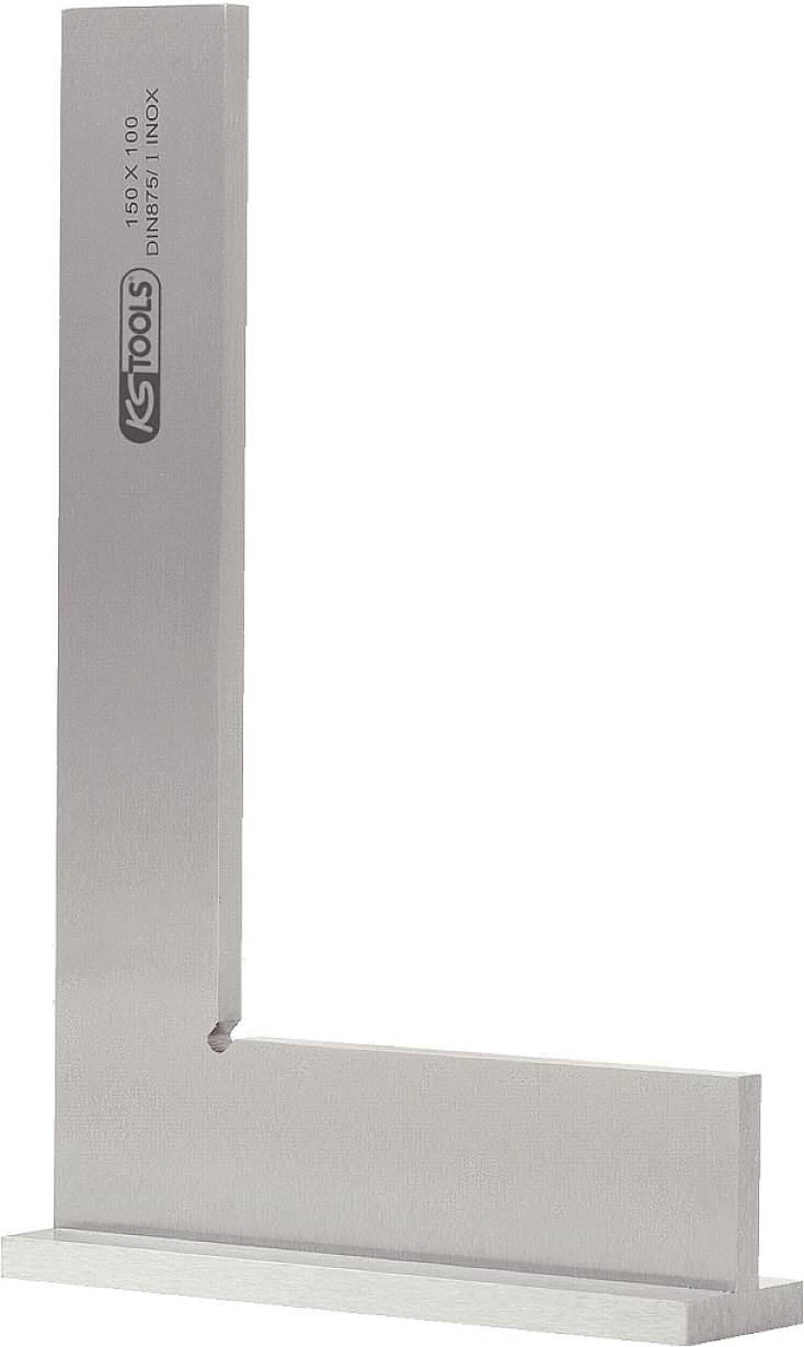 Ein silberner Winkelmesser aus Metall mit der Aufschrift 'KS TOOLS' und Maßangaben. Verwendet zum Messen rechter Winkel.