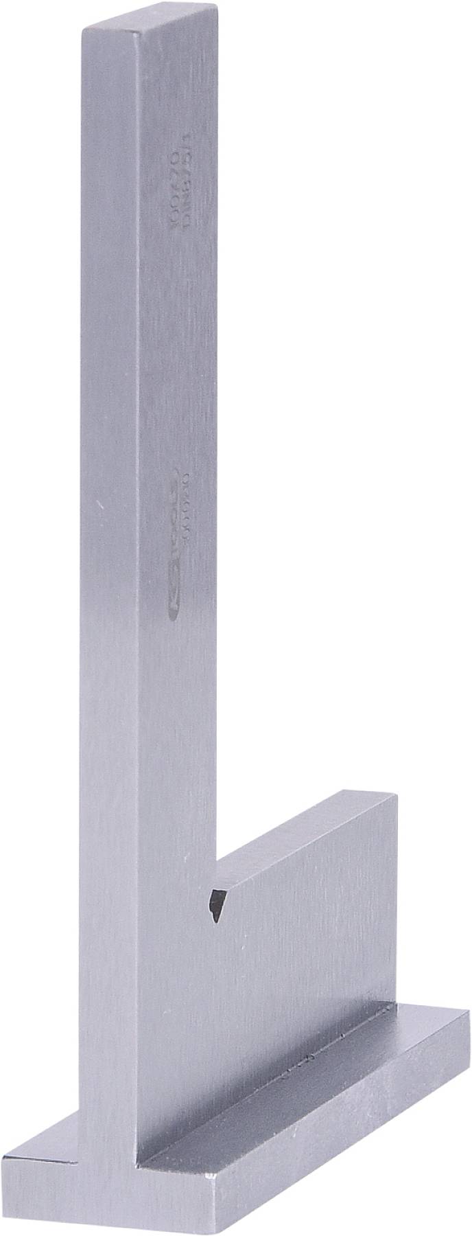 Ein Metallwinkelhaken mit einer langen und einer kurzen Seite, L-förmig, zum Prüfen von rechten Winkeln in handwerklichen oder technischen Anwendungen.