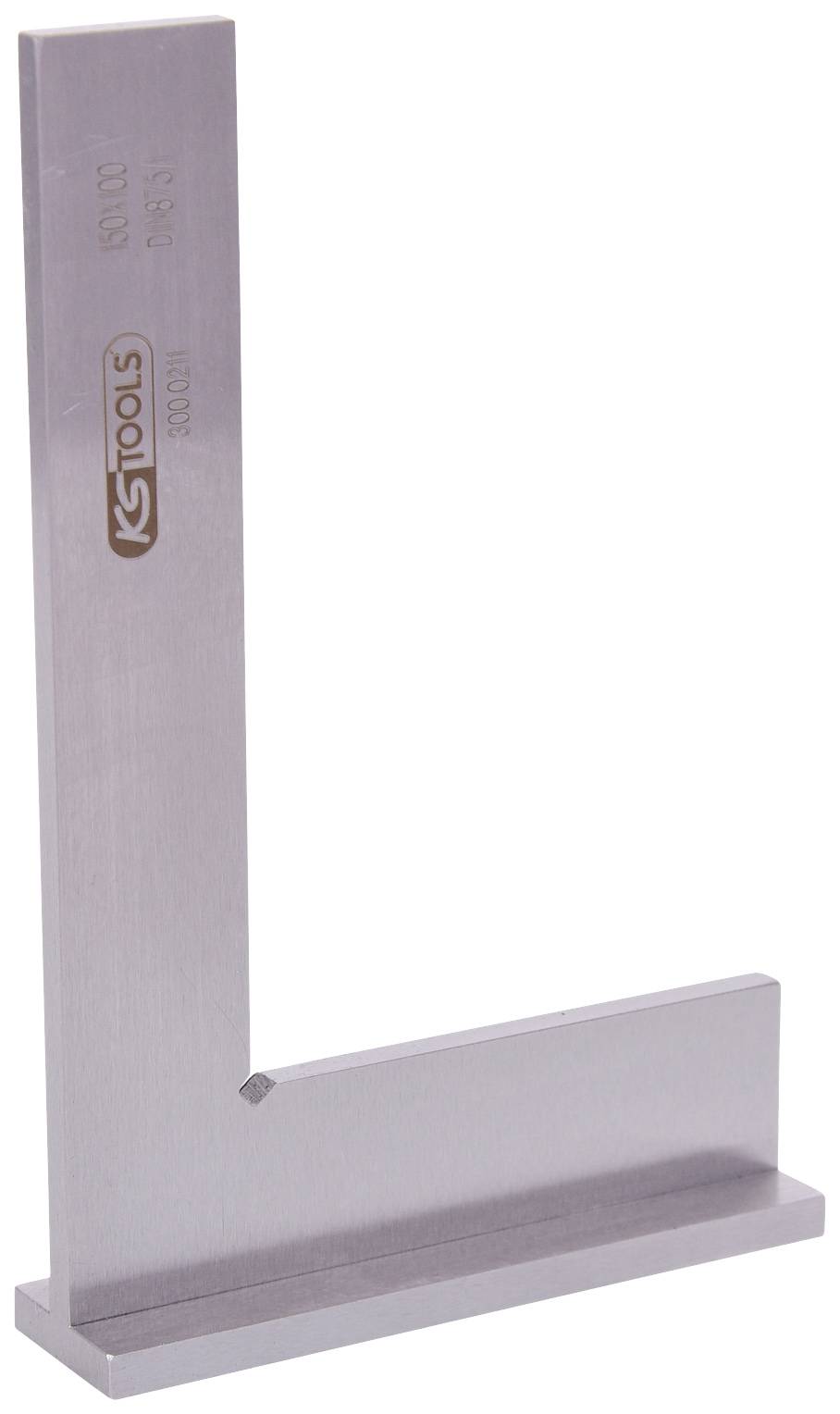 Ein Metallwinkelhaken mit eingeprägtem Logo und metrischer Skala. Geeignet zum präzisen Messen und Ausrichten von Ecken.