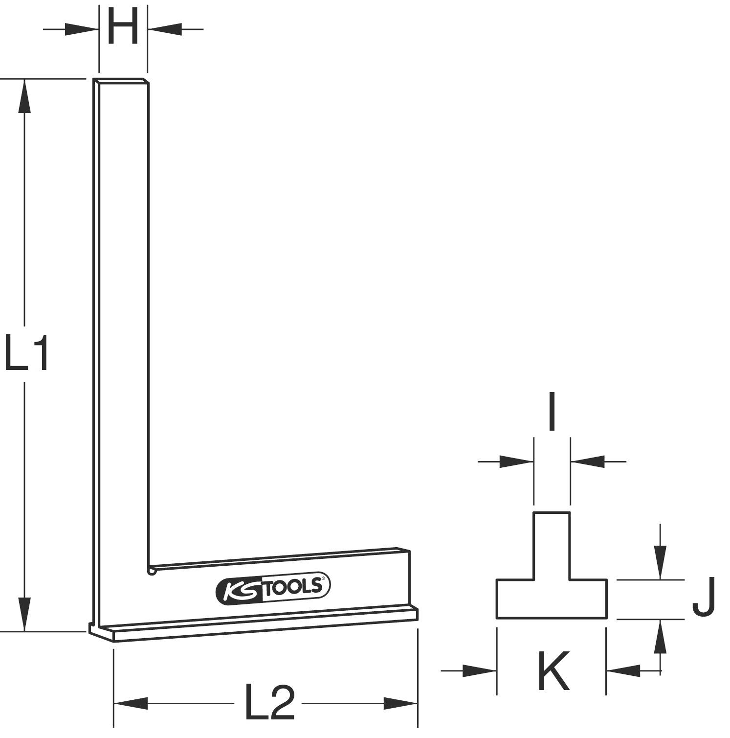 Technische Zeichnung eines rechtwinkligen Winkels mit Seitenlängen L1 und L2, Höhe H und Breite K. Mit KS Tools-Logo.