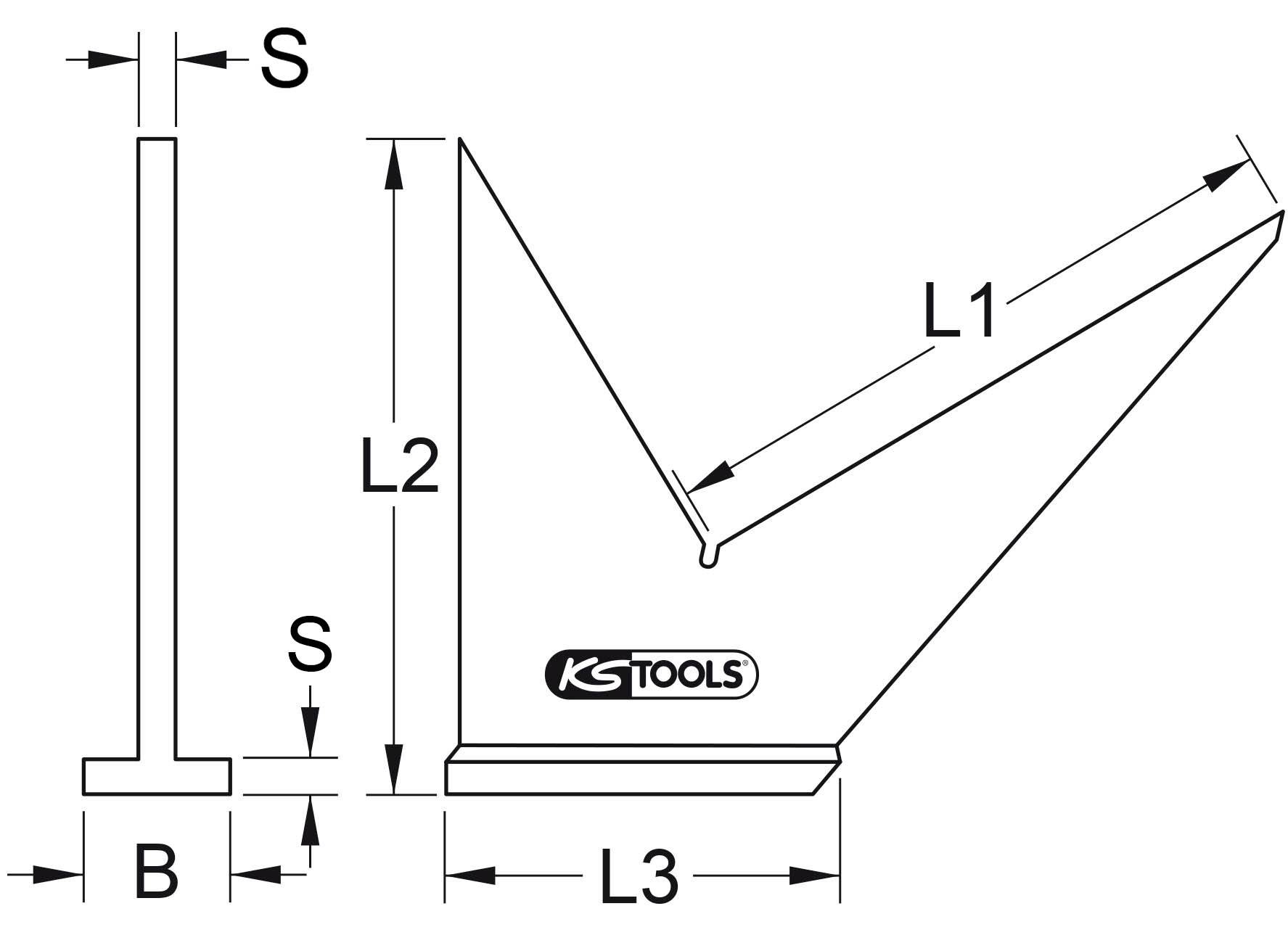 Konstruktionszeichnung eines Hakens mit den Beschriftungen 'S', 'B', 'L1', 'L2', 'L3'. Zeigt Maße und Markenlogo.