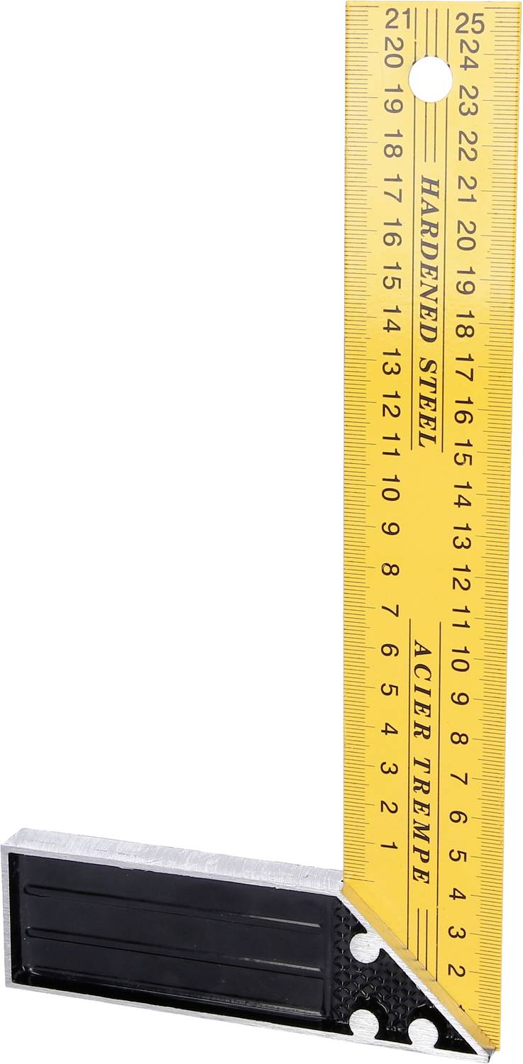Stahlwinkel mit gelbem Maßstab. Maßeinheiten in Zentimetern auf der Vorderseite und Markierung 'Hardened Steel' und 'Aciar Trempe'.