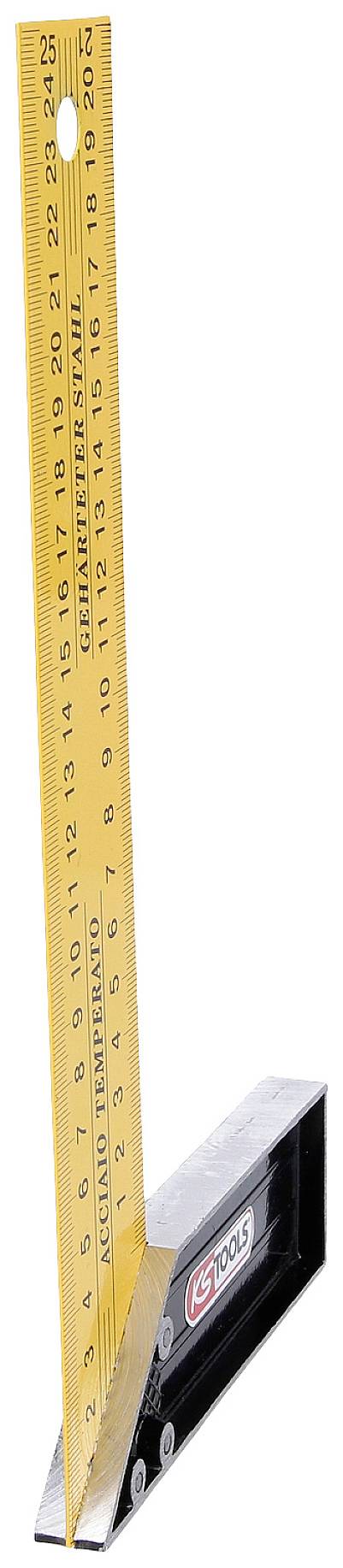 Bild eines Winkellineals mit gelbem Metalllineal und silbernem Griff, verwendet zum Messen und Zeichnen rechtwinkliger Linien.