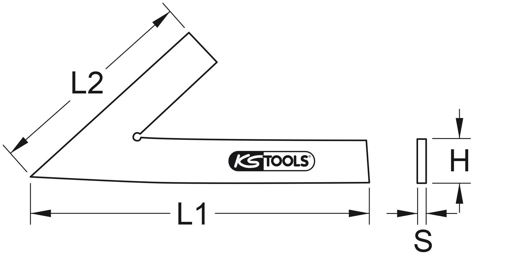 Abbildung eines Winkels mit den Maßen L1, L2, H und S, gezeigt in einem technischen Schema. Lade eine KS Tools-Marke.
