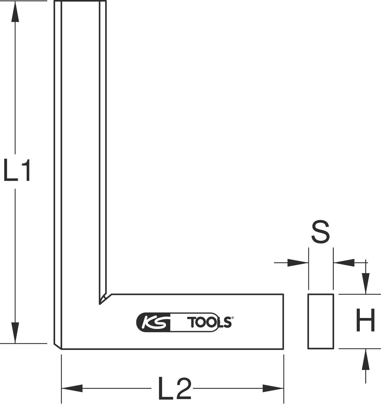 L-förmiges Werkzeug mit Maßeinteilungen L1, L2, S und H. Markenlogo 'KS Tools' auf dem horizontalen Schenkel.