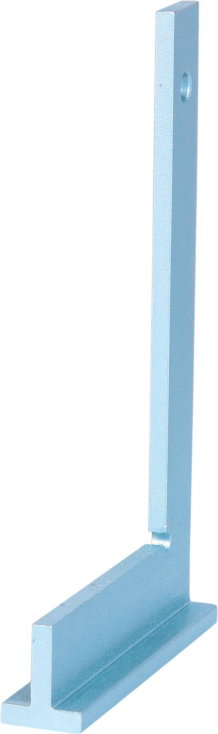 Ein blaues Metallprofil in L-Form, das vertikal steht. Unten ist eine horizontale Basis. Oben befindet sich ein Loch.