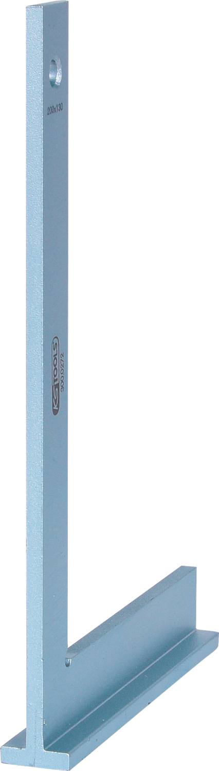 Ein blauer Metallwinkel, vermutlich ein Schreinerwinkel, steht aufrecht. Er hat eine L-Form mit einem Loch in der vertikalen Seite.