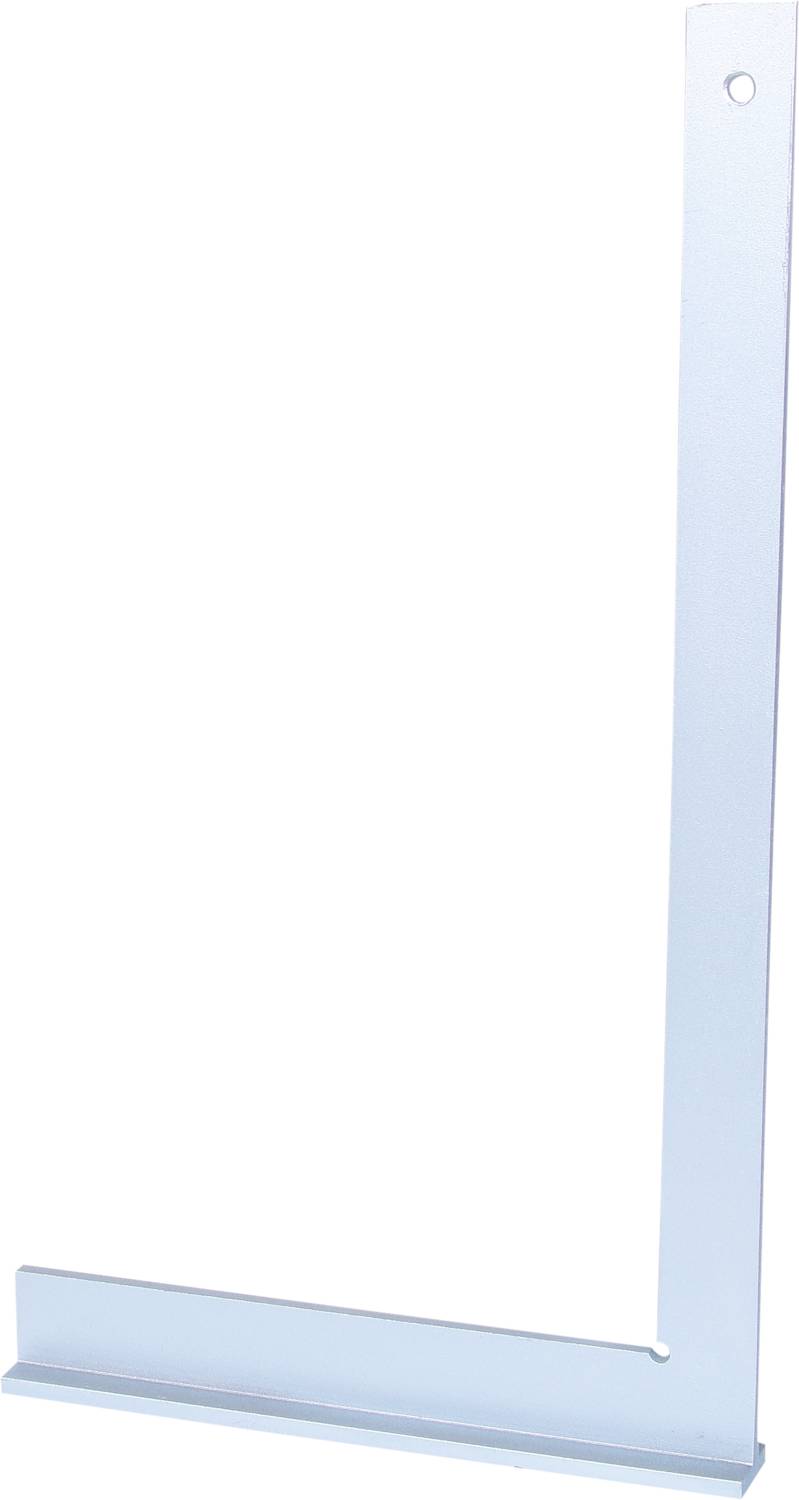 Ein Metallwinkel in L-Form, oft als Bauwerkzeug verwendet, mit quadratischem Ausschnitt an der langen Seite und Loch zum Aufhängen.