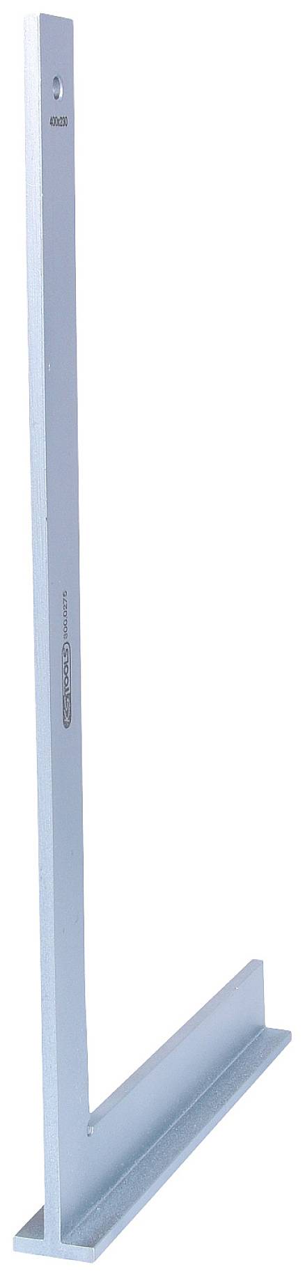 Metallisches Winkelmaß mit langem Griff und kurzer Basis, vertikal stehend.