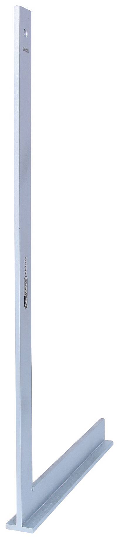 Ein silbernes Metall-T-Quadrat, üblicherweise als Werkzeug beim Zeichnen oder Messen verwendet, aufrecht stehend.