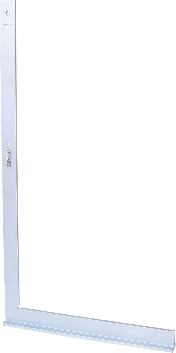 'Alu-Winkel' aus Metall in Silber, geformt wie ein umgedrehtes 'L'. Metrische Skala und Logo sind erkennbar. Werkzeuge für Präzisionsmessungen.