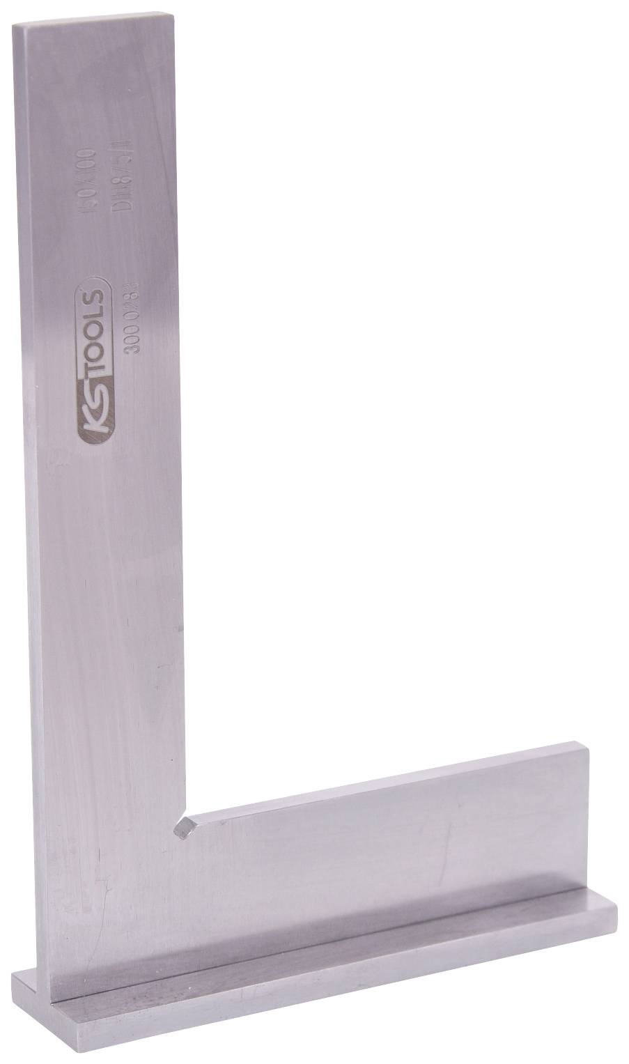 Winkelmesser aus Metall in L-Form, verwendet zur Überprüfung der Rechtwinkligkeit von Werkstücken in der Metallbearbeitung.