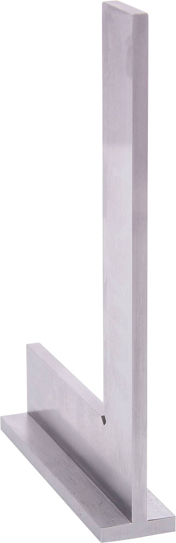 Ein silberfarbener Stahleckwinkel steht aufrecht, mit einem rechten Winkel und einer flachen Basis, zur Messung von Präzision.