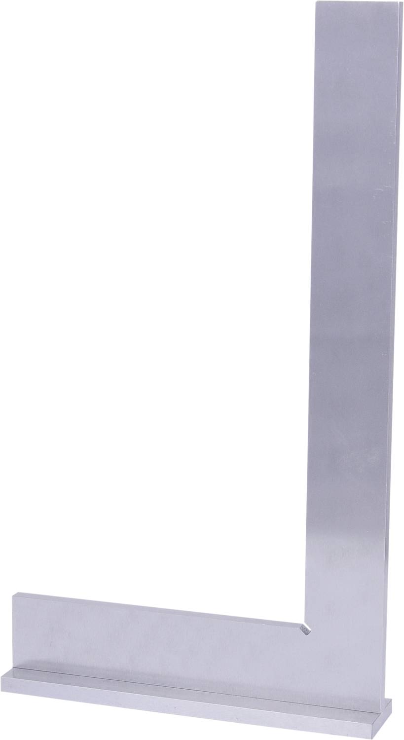 Ein silberfarbener rechter Winkelmesser mit zwei Armen, die einen 90-Grad-Winkel bilden, vor einem weißen Hintergrund.