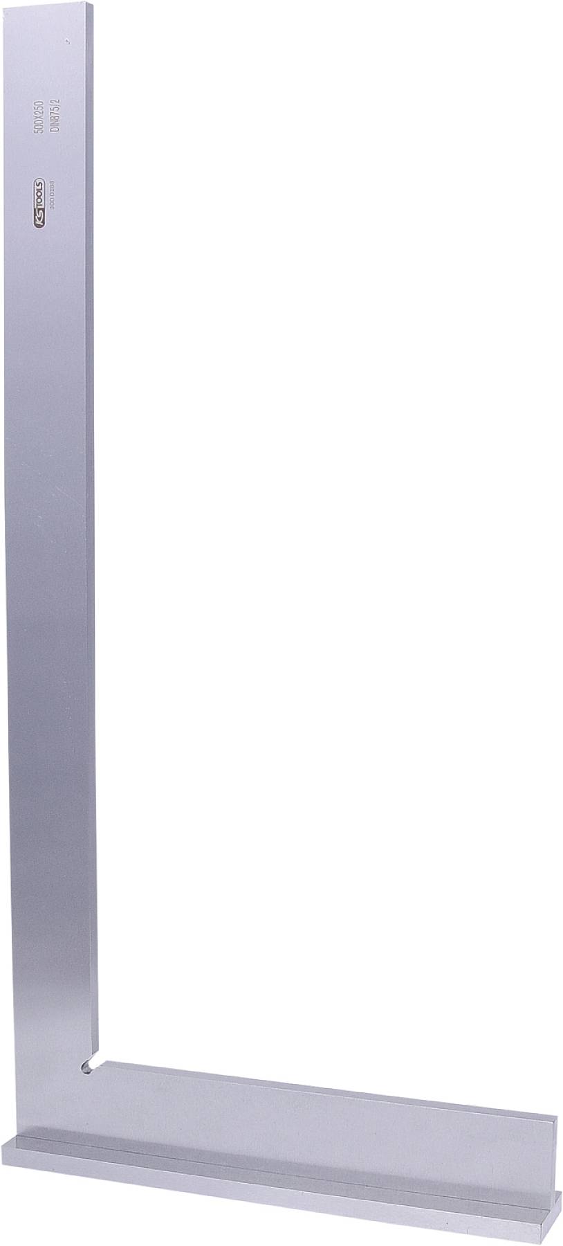 Ein silberfarbiges Präzisionswinkelmaß aus Metall, L-förmig, geeignet zur Überprüfung rechtwinkliger Ausrichtungen in handwerklichen Arbeiten.